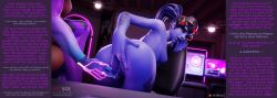 3d aware bottomless breasts caption consensual dark_skin female_only femdom femsub firebox_studio large_breasts looking_at_viewer manip masturbation n0t_that_one_guy_(manipper) nipples nude overwatch pubic_hair purple_eyes sombra_(overwatch) tech_control text topless widowmaker