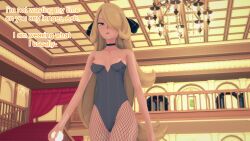 aware blonde_hair bunnysuit choker clothed cynthia dialogue english_text female_only fishnets grey_eyes hair_covering_one_eye mustardsauce pokemon pokemon_(anime) solo text unaware