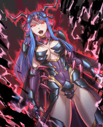  armor aura blue_hair breasts cape cleavage electricity female_only femsub fire_emblem fire_emblem_engage gloves glowing glowing_eyes hair_ornament happy_trance large_breasts leebigtree leotard long_hair looking_at_viewer lumiere_(fire_emblem) nintendo opera_gloves pantyhose red_eyes smile solo standing 