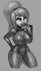  bimbofication bodysuit breast_expansion clothed da_janitor_(manipper) eyeshadow female_only finger_to_mouth greyscale hand_on_hip large_breasts large_lips lip_expansion lipstick long_hair makeup manip metroid_(series) monochrome nintendo noonun ponytail samus_aran simple_background solo zero_suit 