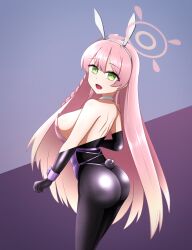  ass bare_shoulders before_and_after blue_archive braid bunny_ears bunny_girl bunnysuit choker cuffs femsub gloves green_eyes halo hanako_(blue_archive) kuromaru large_breasts looking_at_viewer m.u.g.e.n. multicolored_hair nasukama73 open_mouth opera_gloves pantyhose pink_hair rubber tail very_long_hair 