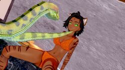 bikini bikini_bottom bikini_top black_hair dark_skin femsub kaa_eyes koikatsu! perfect_idiot rwby sienna_khan snake tiger_girl tiger_print water