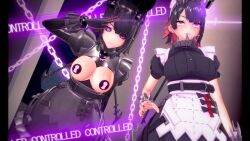 3d before_and_after belt black_hair black_sclera bodysuit breasts chains collar cuffs dazed dress earrings ellen_joe expressionless eye_roll femsub kaints koikatsu! kuromaru latex living_costume looking_at_viewer m.u.g.e.n. maid maid_headdress multicolored_hair pad_lock pasties purple_eyes red_eyes red_hair resisting rubber saluting short_hair shrunken_irises standing standing_at_attention text tight_clothing topless zenless_zone_zero