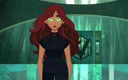 brown_hair carmen_sandiego carmen_sandiego_(character) dark_skin enemy_conversion expressionless femsub fitzoblong glowing glowing_eyes green_eyes red_lipstick standing standing_at_attention very_long_hair