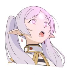 collar drool earrings elf elf_ears expressionless femsub frieren frieren:_beyond_journey's_end glowing_eyes hitsugi_mc hypnotic_light open_mouth twintails white_hair