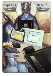  abs blonde_hair blue_skin comic computer dazed di19826 dragon_boy furry horns hypnotic_screen male_only malesub non-human_feet open_mouth original short_hair sitting spiral tail teryx_commodore text yaoi yellow_eyes 