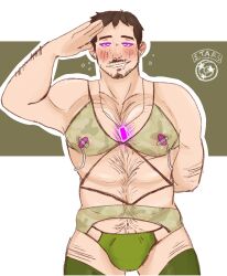 big_muscles brain_drain chris_redfield dog_tags glowing_eyes hairy happy_trance hypnotic_accessory male_only malesub military_uniform nsfwbrucie pink_eyes resident_evil resident_evil_5 resident_evil_village saluting solo uniform vibrator