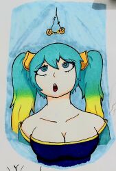  blue_eyes blue_hair breasts collarbone dazed drool league_of_legends pendulum sona spiral_eyes the_memes69 traditional 