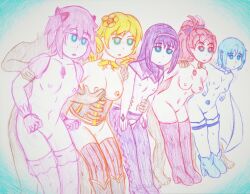 arms_behind_back blonde_hair blue_hair emerald_lazers expressionless glowing_eyes groping homura_akemi kyouko_sakura leggings madoka_kaname magical_girl mami_tomoe multiple_girls multiple_subs pink_hair puella_magi_madoka_magica purple_hair red_hair reverse_bunnysuit sayaka_miki topless