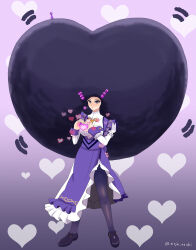  absurdres afro ayra_(fire_emblem) before_and_after black_hair breasts clothed cuffs dress empty_eyes female_only femsub fire_emblem fire_emblem_genealogy_of_the_holy_war gradient_background hand_on_hip heart heart_eyes heart_hands hypnotic_accessory large_breasts legs moja_taishi nintendo pantyhose pink_eyes shoes signature simple_background solo speech_bubble 
