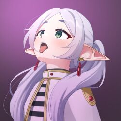 drool earrings elf elf_ears empty_eyes female_only femsub frieren frieren:_beyond_journey&#039;s_end green_eyes maozi_dan purple_background solo tongue tongue_out white_hair