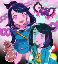 animated_gif beheeyem black_hair blue_hair femsub liko_(pokemon) multicolored_eyes pecharunt pokemon pokemon_(anime) purple_eyes