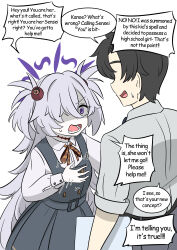  absurdres angry assertive_sub aware belt black_hair blue_archive blush closed_eyes clothed dialogue embarrassed english_text eye_color_change femsub grey_hair hair_covering_one_eye halo kanoe_(blue_archive) open_mouth possession purple_eyes sensei_(blue_archive) simple_background smile speech_bubble sweat text turning_the_tables vel very_long_hair white_background 
