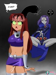  4headboiii alien_girl bare_legs bare_shoulders blue_eyes brain breasts cum dc_comics drool female_only femdom femsub green_sclera hypnotic_magic long_hair magic purple_hair raven red_hair short_hair smile starfire super_hero teen_titans x-ray 