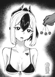  bangs bikini_top blue_archive breasts drool earrings empty_eyes expressionless femsub greyscale horns kayoko_(blue_archive) mole monochrome multicolored_hair open_mouth pendulum ponytail seed_ma tattoo 