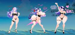  absurdres bare_legs beach bikini bikini_bottom bikini_top bow breast_expansion breasts cleavage dollification english_text futanari futasub hand_on_hip happy_trance heart high_heels huge_breasts knick_knack kodou_(cownon) large_breasts legs midriff navel original outdoors purple_hair resisting sequence smile sunglasses sunny_miami swimsuit symbol text transformation very_long_hair yaker-kina 
