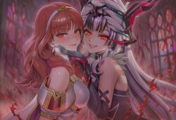 ai_art aura bare_shoulders black_hair blush celica_(fire_emblem) chin_hold corruption crown dragon_girl duma_(fire_emblem) eye_color_change femsub fire_emblem fire_emblem_echoes fire_emblem_engage fire_emblem_heroes happy_trance hypnotic_accessory looking_at_viewer maledom multicolored_hair nintendo orange_hair possession princess red_eyes royalty slit_pupils smile sub_on_sub thouart_i_(generator) veyle_(fire_emblem) white_hair yuri