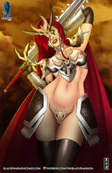 breasts cape corruption crown erza_scarlet evil_smile fairy_tail female_only femsub gloves hair_covering_one_eye jewelry lipstick red_hair smile sword tattoo theblackpharaoh thighhighs topless yellow_eyes