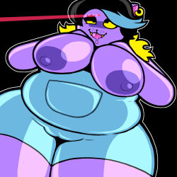  black_background black_eyes black_hair breasts breasts_outside cameltoe cat_ears cat_girl catty_(undertale) chubby clothed drool earrings eye_roll female_only femsub furry heavy_eyelids huge_breasts hypnotic_light laser_pointer long_hair nipples purple_skin short_hair shorts simple_background singlesalt smile solo standing suspenders tongue tongue_out undertale yellow_sclera 