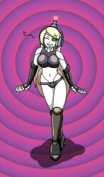 absurdres andra_(zko) antenna blonde_hair breasts earrings female_only fembot femsub happy_trance headphones hypnotic_accessory jewelry large_breasts long_hair multicolored_hair original robot smile spiral_eyes supertechno324 symbol_in_eyes tech_control western