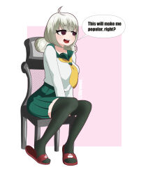  absurdres black_eyes chair dialogue female_only kiwi_araga kronobas28 long_hair looking_up_to_magical_girls lying open_mouth school_uniform simple_background sitting skirt text white_hair 