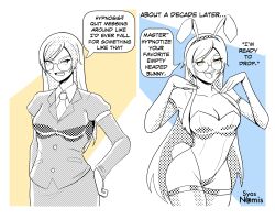  ass before_and_after blue_eyes border bunny_ears bunny_girl bunnysuit denial english_text eye_color_change fake_animal_ears femsub glasses gloves hair_growth happy_trance long_hair open_mouth opera_gloves ring_eyes signature simple_background smile speech_bubble suit syas-nomis symbol_in_eyes text thighs tie trigger very_long_hair yellow_eyes 