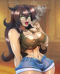  alissa_(vinp95) brown_hair clothed crop_top drugged drugs erect_nipples erect_nipples_under_clothes female_only femsub happy_trance lipstick long_hair midriff navel nipples original shorts smoking spiral_eyes standing zorro-zero 