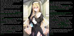  blonde_hair breasts caption caption_only eternalchaos_(manipper) female_only femdom financial_domination hypnotic_eyes hypnotic_voice long_hair looking_at_viewer malesub manip nekobaka nun open_mouth original pov pov_sub smile text 