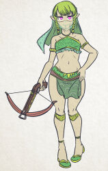  anklet arm_bands blonde_hair braid crossbow elf_ears female_only femsub hand_on_hip happy_trance harem_outfit hyrule_warriors linkle loincloth majinsfw nintendo pink_eyes see-through slippers spiral_eyes symbol_in_eyes the_legend_of_zelda transformation veil white_background 