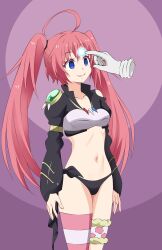  ahoge blue_eyes dragon_girl empty_eyes female_only femsub finger_to_forehead happy_trance kiniro_tofu long_hair midriff milim_nava navel petite phantom_hand pink_hair simple_background small_breasts smile solo standing that_time_i_got_reincarnated_as_a_slime twintails 