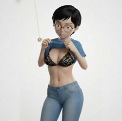 3d ai_art black_bra black_hair bra breasts carmen_sandiego clothed clothed_exposure coin exposed_chest female_only femsub glasses jeans julia_argent_(carmen_sandiego) lace midriff pendulum shirt shirt_lift short_hair shrunken_irises simple_background solo standing white_background zupern0va_(manipper)