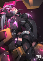  arms_behind_back blush bodysuit corruption crotch_cutout drool female_only femsub flat_chest grey_hair gummy1024 helmet hypnotic_light open_mouth orgasm pussy_juice red_eyes sex_machine shrunken_irises signature simple_background sky_striker_ace_-_roze solo squirting sweat tears tech_control tight_clothing twintails vaginal visor yu-gi-oh! 