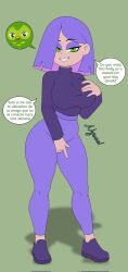  artist_request black_eyes breast_fondling breast_grab breasts clothed crotch_rub dialogue duo_(duolingo) duolingo english_text eyeshadow femsub fingering green_background green_eyes groping heterosexual lily_(duolingo) looking_at_viewer makeup maledom nyael possession purple_hair simple_background smile smirk standing tagme text 