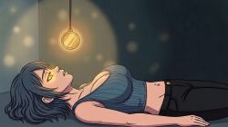    ai_art blue_hair breasts cleavage crop_top dazed female_only femsub glowing glowing_eyes laurie_lowell lying midriff on_back pantheon_(series) pants pendulum piercing short_hair solo yellow_eyes zupern0va_(manipper) 