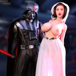  3d agentsherif bare_breasts belt belted_skirt breasts brown_hair darth_vader empty_eyes erect_nipples expressionless father_and_daughter femsub grey_eyes huge_breasts incest jedi_mind_trick large_breasts lightsaber long_skirt maledom open_mouth princess_leia short_hair skirt standing standing_at_attention star_wars topless 