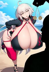 absurdres ahoge ai_art arched_back ass beach bent_over bikini bikini_bottom bikini_top breasts chicken_pose coin collar collarbone drool eyebrows_visible_through_hair faceless faceless_male fate/grand_order fate_(series) femsub hanging_breasts high_heels hyper_breasts jeanne_alter lillytank_(generator) novelai_(ai) open_mouth outdoors pendulum pov pov_dom silver_hair thighhighs unfocused_eyes very_long_hair yellow_eyes