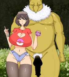  blue_eyes bottomless breasts brown_hair censored cleavage_cutout clothed condom enno femsub forest huge_breasts hypno jean_shorts maledom nintendo nude penis pokeball pokemon pokemon_(creature) pokemon_trainer pubic_hair short_shorts topless used_condom 