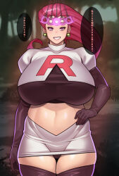  breasts coin dialogue huge_breasts jessie large_breasts leggings long_hair looking_at_viewer nintendo pendulum pokemon pokemon_(anime) red_hair skirt team_rocket text translation_request uniform very_long_hair yama_tachibana 