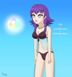  absurdres bikini breasts cleavage dazed drool empty_eyes female_only femsub fire_emblem fire_emblem_the_sacred_stones glowing glowing_eyes hypno_apophis hypnotic_orb jewelry leaning_forward lute_(fire_emblem) nintendo open_mouth orb purple_hair short_hair text 
