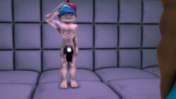  3d blue_hair boyfriend_(friday_night_funkin') cage cuffs friday_night_funkin' ian_the_hedgehog male_only malesub original saluting sonicthebitch source_filmmaker spiral_eyes tech_control 