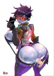  alternate_costume ass ass_focus blue_hair blue_skin breasts corruption cum cum_in_pussy dark_skin drool femsub glowing glowing_eyes happy_trance large_breasts looking_at_viewer looking_back open_clothes overwatch penis phantom_penis pussy rebis short_hair sweat tattoo tongue tongue_out tracer widowmaker yellow_eyes 