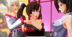 3d blue_eyes breasts brown_hair dialogue female_only femdom femsub green_eyes kamen_writer_mc large_breasts magician mc_trap_town multiple_girls multiple_subs ponytail screenshot short_hair spiral_eyes symbol_in_eyes text translated twintails white_hair