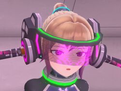  3d agent_mirai bodysuit brown_hair cables collar corruption dazed empty_eyes female_only femsub glowing headphones mirai_(agent_mirai) open_mouth ponytail purple_eyes solo tech_control umaaji_lady_mk2 video_game visor wires x-ray 