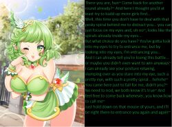 alicevu blush breasts caption caption_only clothed elf elf_ears femdom green_eyes green_hair helen_(spiral_clicker) hypnotic_eyes large_breasts leaning_forward looking_at_viewer magic manip mysticalgoddess_(manipper) original pov pov_sub short_hair smile solo spiral spiral_clicker spiral_eyes symbol_in_eyes text tongue tongue_out wink