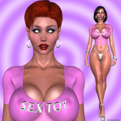 3d black_hair bracelet breasts cleavage collarbone earrings erect_nipples expressionless female_only femsub high_heels huge_breasts hypnoman jewelry looking_at_viewer milf orange_hair original pink_lipstick red_lipstick ring sandra_(hypnoman) short_hair spiral talia_danvers tech_control text thong white_eyes