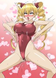 ahegao blonde_hair blush breasts claire_harvey drill_hair drool earrings eye_roll female_only femsub haigure heart heart_eyes hundred jewelry large_breasts leotard orgasm pussy_juice solo spread_legs squatting squirting symbol_in_eyes tongue tongue_out twintails
