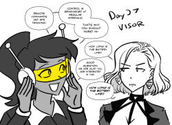 antenna choker cleavage dark_skin earpiece earrings eyebrows_visible_through_hair female_only femsub humor hypnovember jacket large_breasts long_hair majinsfw original ponytail sale short_hair simple_background smile t-shirt tech_control text veronica_nightingale_(majinsfw) visor white_background