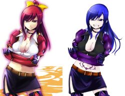 alternate_costume alternate_hair_color before_and_after blue_eyes blue_hair boots collar corruption erza_scarlet evil_smile fairy_tail femsub gloves opera_gloves pale_skin red_hair rock_of_succubus smile tattoo thigh_boots