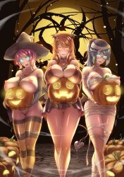  absurdres alexia_(electrickronos) bikini_bottom blue_hair blush breasts celes_(electrickronos) cigarcat cleavage collar costume fake_tail female_only femsub glasses halloween jack_o&#039;_lantern large_breasts multiple_girls multiple_subs mummy night nipples open_mouth original pink_hair ponytail pumpkin skirt spiral_eyes succubus symbol_in_eyes thighhighs wendy_(electrickronos) witch_hat 