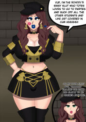  blue_lipstick breasts brown_hair bulge byleth_eisner choker dialogue dorothea_arnault earrings fire_emblem fire_emblem_three_houses happy_trance hinata-hime jewelry kissing large_breasts leggings lipstick lipstick_mark malesub navel nintendo sissy text thong transformation 